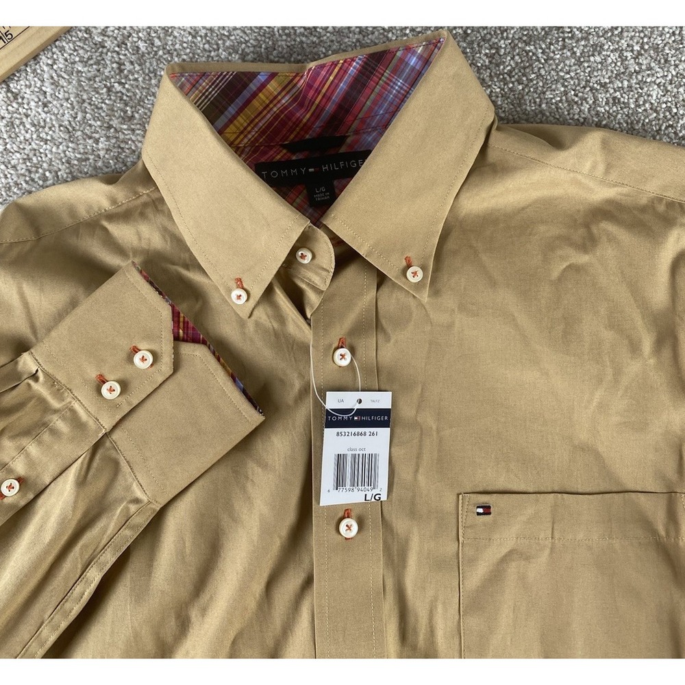 Tommy Hilfiger Classic Oct Beige Dress Shirt Mens Large Pocket Cotton Preppy